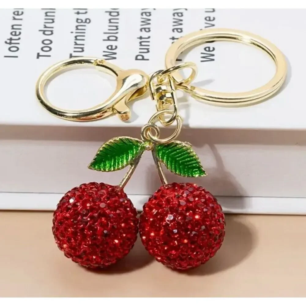 Red Cherry Rhinestone Keychain Sparkle Pendant Bag Charm Cute Accessory
